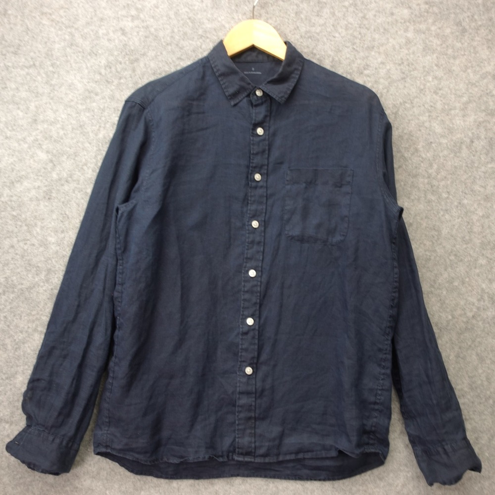 Muji Linen Shirt Mens SMALL Navy Blue Japanese Minimalist Coastal Summer